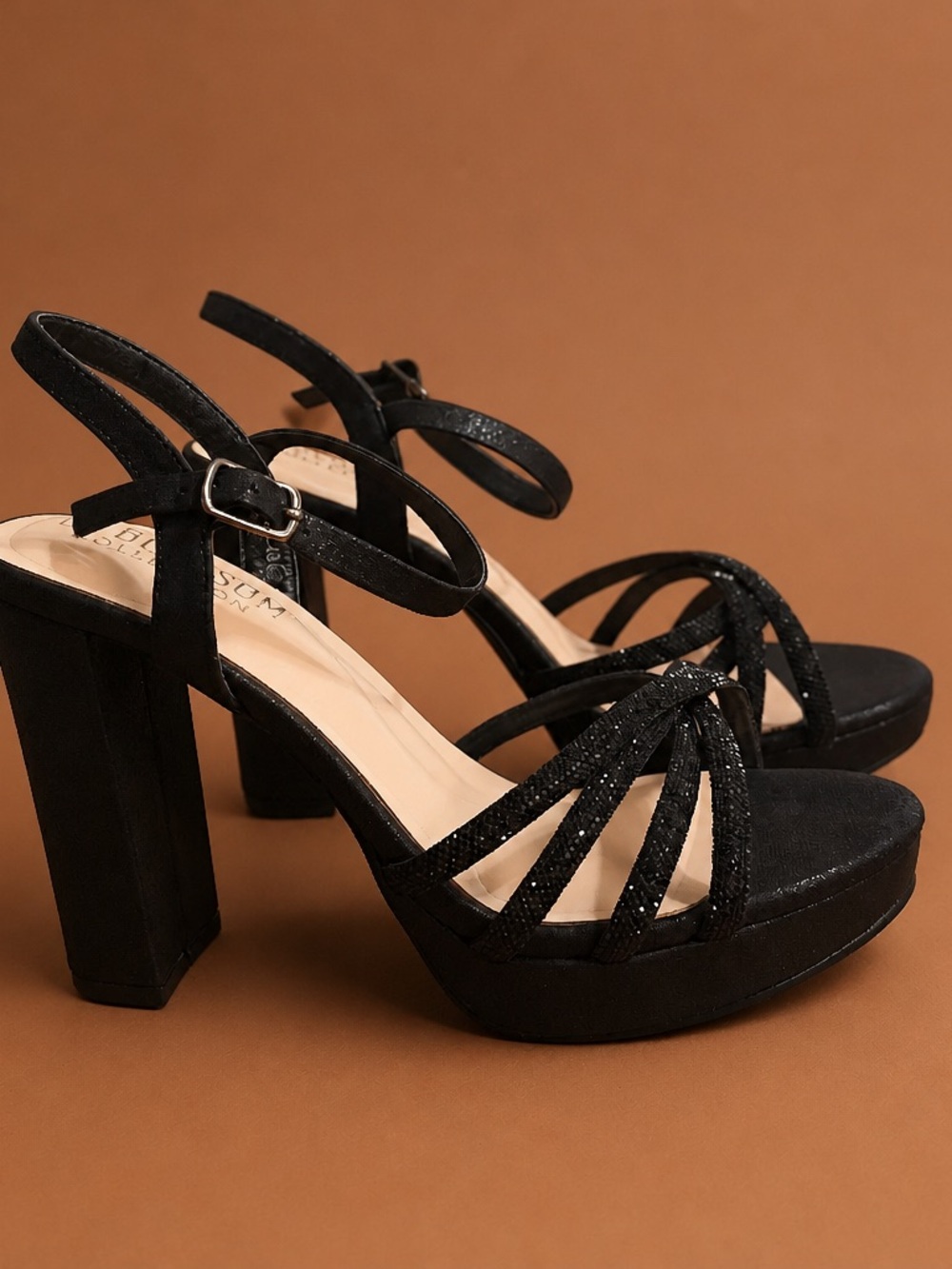De Blossom Collection Black Strappy Platform Block Heels with Sparkle